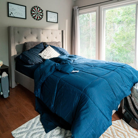 Platform bed frame in a room.