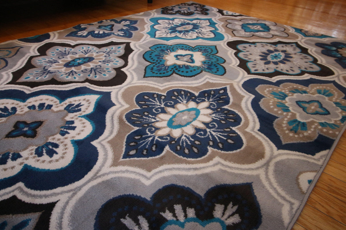 Generations New Contemporary Panal & Diamonds Beige Navy Coral Blue Grey Modern Area Rugs 8036 - HomeLife Company