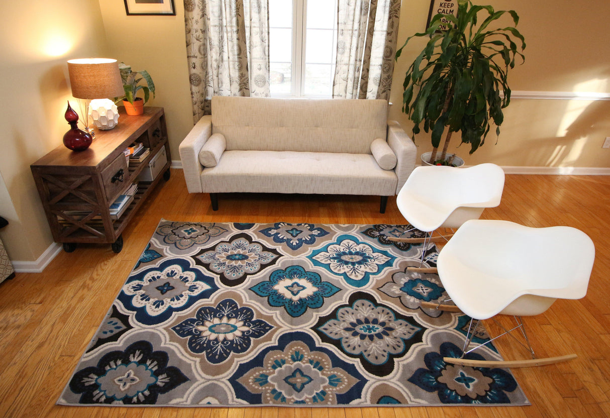 Generations New Contemporary Panal & Diamonds Beige Navy Coral Blue Grey Modern Area Rugs 8036 - HomeLife Company
